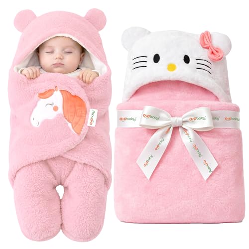 Image of OYO BABY Newborn Blanket Combo Pack | Hooded Sleeping Bag Wrapper & Baby Bath Towel | Soft & Durable Polycotton Fabric | Comfortable in All Seasons | Easy Care | 0-12 Months | Pink Kitty & Unicorn