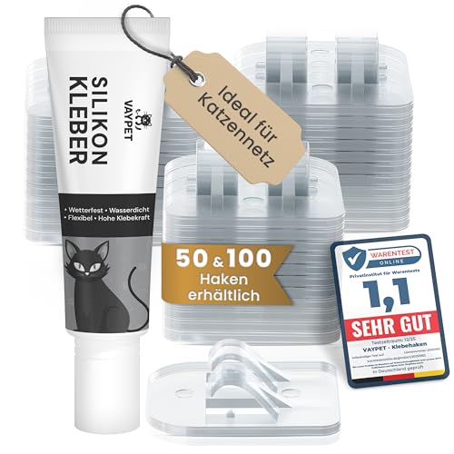 VAYPET® 50 Klebehaken transparent & Silikonkleber [30ml] zur Befestigung vom Katzennetz für Balkon ohne Bohren I Katzennetz ohne Bohren schnell...