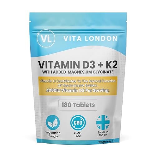 Vitamin D3 4000 iu & Vitamin K2 MK7 100μg Tablets | with Added Magnesium Glycinate | High Strength VIT D Supplement | 180 Tablets (Not Capsules or Gummies) for Men & Women