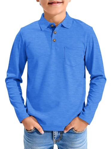 Image of Haloumoning Boys Long Sleeve Polo Shirts Kids Casual Button School Uniform Shirts with Chest Pocket 5-14 Years