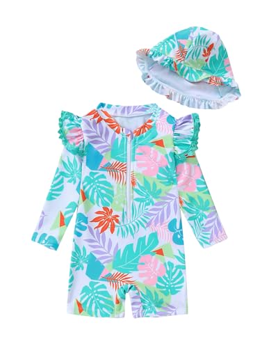 Image of Toddler Girl Swimsuit Baby Girl Bathing Suit Long Sleeve Floral Zipper One-Piece Rash Guard Swimsuit with Hat