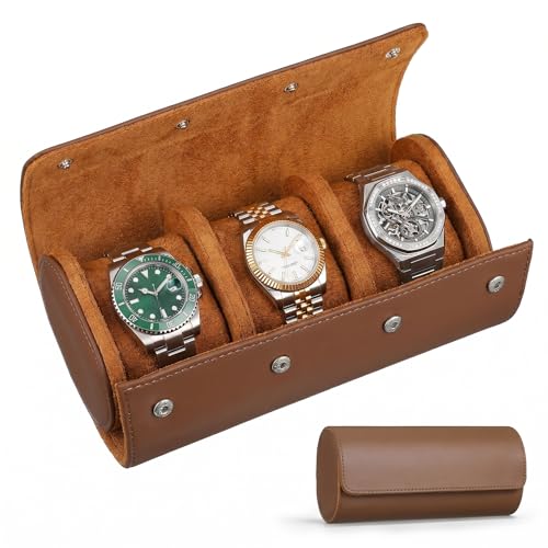 iplusmile Watch Box for Men - Watch Roll Case 3 Slot Leather Watch Case Organizer - Elastic PU Material Vintage Display Case Storage for Watch Jewelry, Brown, 22.00X10.00X7.50CM, Modern