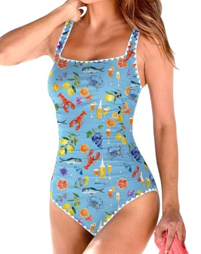 Image of Upopby Women's Vintage Padded Push up One Piece Swimsuits Tummy Control Bathing Suits Plus Size Swimwear