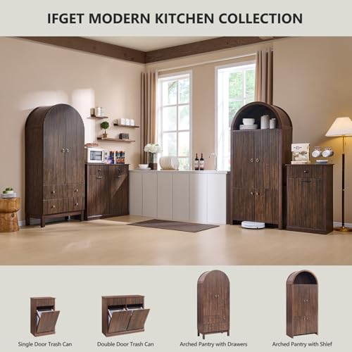 Image of IFGET 71 inch Tall Arched Kitchen Pantry, Modern Fluted Wood Storage Cabinet with Doors, 3 Adjustable Shelves, 6 Door Shelves, Organizer, Versatile Cupboard for Kitchen, Bathroom, Brown