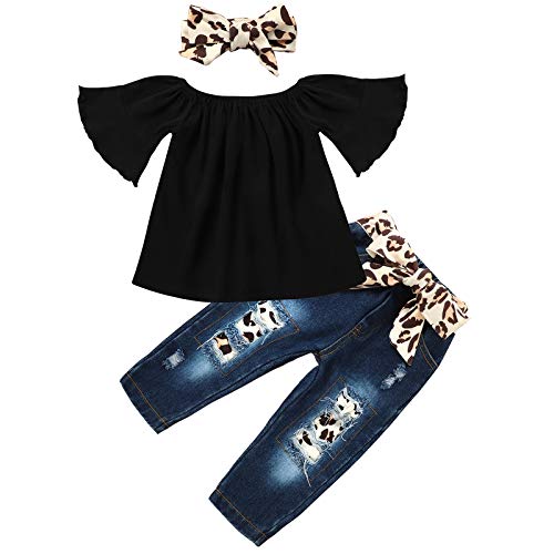 Toddler Girl Clothes Black Short Sleeve Ruffle T-Shirt Tops Leopard Ripped Denim Pants Ripped Jeans Headband 3PCS Outfits Set