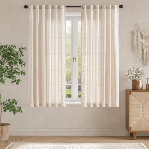 Image of jinchan Ivory Floral Linen Curtains for Living Room 72 inch Back Tab 2 Panels