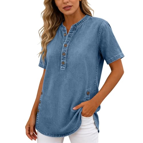 Bluse Damen Jeanshemd Lässig Jeansbluse Kurzarm Jeans Hemden Jeans Blusenshirt Tshirt Denim T-Shirt mit Knöpfen Jean Blouse Frau Casual Damenblusen