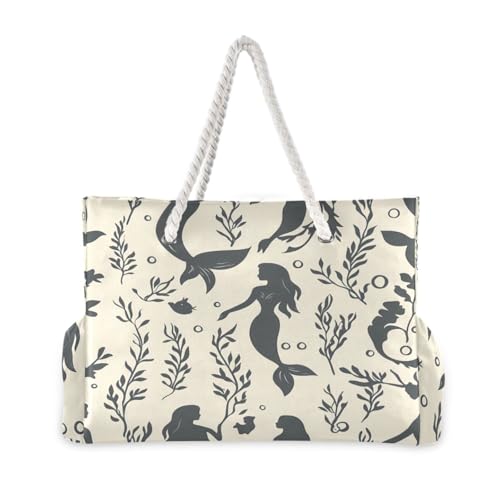 Beach Bag - Large Tote Bags for Women Mermaid Pattern Shoulder Bags Zipper Waterproof Sandproof for Travel Gym Swim Daily2