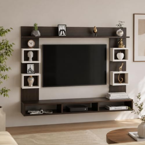 Image of FURNEASER Martin Modern Wall Mount TV Unit for Living Room Wooden Entertainment Center with Storage Shelves Modern TV Panel Stand Showcase for Up to 43 Inch Media Console Cabinet (Wenge & White)
