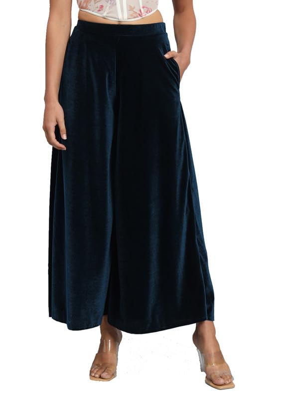 Image of Vaararo Party Trousers for Women | Shiny Velvet Fabric Wide Bottoms Stylish Palazzo Pants