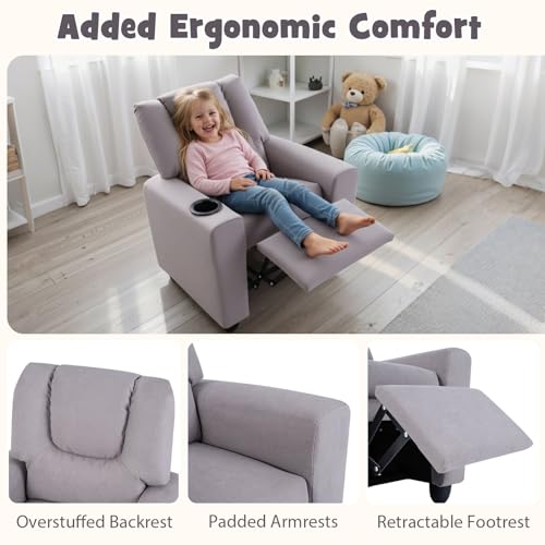 Image of GLACER Kids Recliner with Cup Holder, Fabric Toddler Lounge Chair (Gray) | Baby Recliner w /Adjustable Backrest & Footrest, Spring Seat Cushion, Push Back Toddler Sofa for Ages 3+, Supports 150 lbs