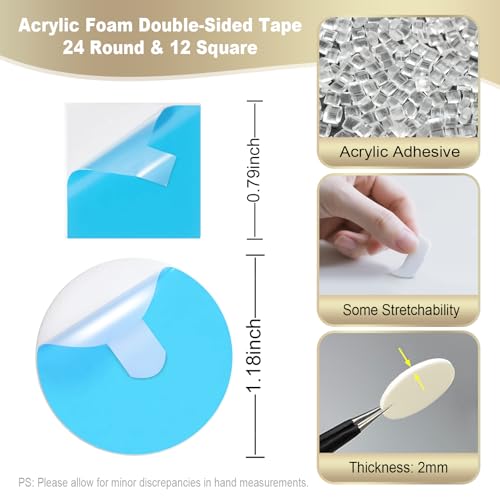 Image of Convenient Double Sided Foam Tape, Mounting Tape for Indoor & Outdoor Home Car, Super Strong Adhesive Waterproof White Pads, 24 Round & 12 Square