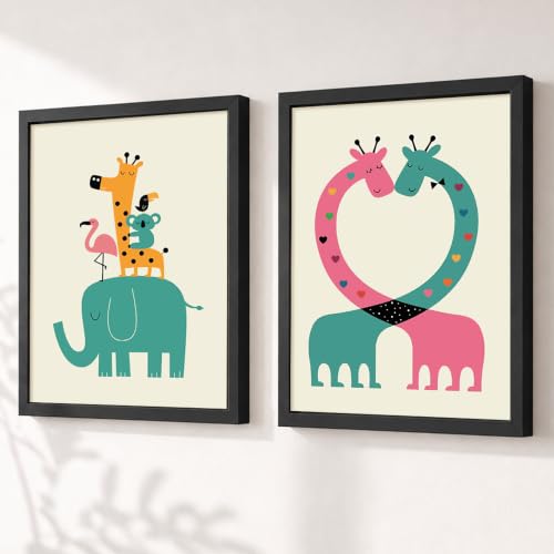 Image of PAINTINGMANTRA Elephant & Giraffe Cartoon Wall Art Painting for Kids Room, Animal, Flamingo Framed Painting for Living Room, Children Room, kids room decoration items, Set of 2, 9x13 Inch