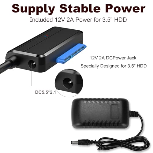 EYOOLD SATA to USB Cable USB 3.0 to 2.5 3.5 inch Hard Drive Adapter External Converter for SSD/HDD Data Transfer, with 12V/2A Power Supply, Support UASP, Black - Thumbnail 6
