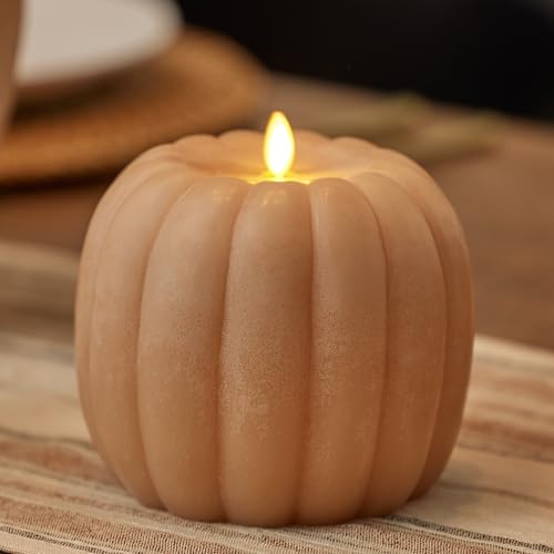Image of Luminara Tall Pumpkin Figural Flameless Flickering Moving Flame LED Candle (5.7 inch x 5.5 inch), Chalky Finish Real Unscented Wax, Time Function (Irish Cream)