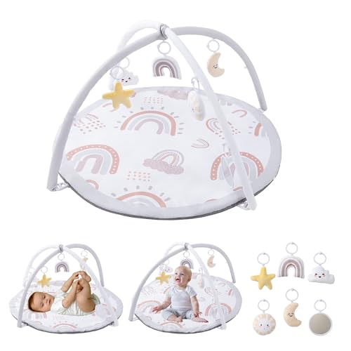 Image of HBselect Baby Gym Play Mat, Tummy Time Play Mat with 6 Toys for Stage-Based Sensory and Motor Skill Development Language Discovery, Thicker Non-Slip Play Mats for Infant, Newborn Baby Essentials