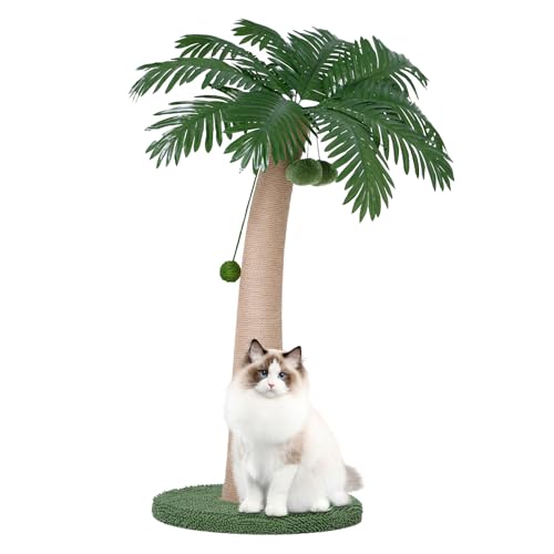 TSCOMON 43 Inches Tall Cat Scratching Post for Large Cat Coconut Tree Shaped Sisal Scratcher for Indoor Cat with 3 Pompoms