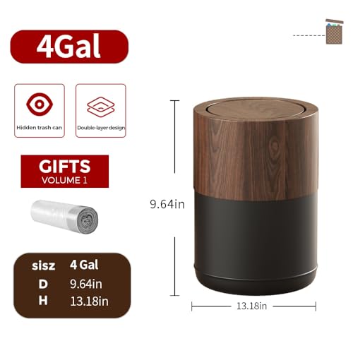 Image of 15L /4GAL Modern Metal Waste Bin with Realistic Wood Texture,Built-in Bag Holder,Swing Lid Trash Bin for Bathroom,Home,Office,Living Room (4gal Swing lid)