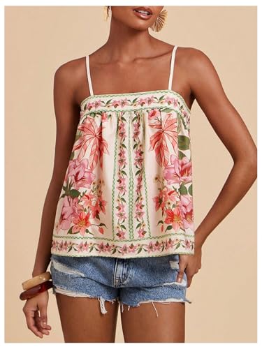 Image of RoseSeek Women's Boho Floral Cami Peplum Tops Graphic Sleeveless Tank Tops | Flower Print, Tropical Print, Spaghetti Strap, Flowy Cami, Summer, Beach Vacation Outfits