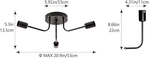 Miniatura 2 de Lámpara de techo industrial semi empotrada con 3 luces de techo con ramas de metal ajustables, soporte E26, pintado en negro, para cocina, sala de