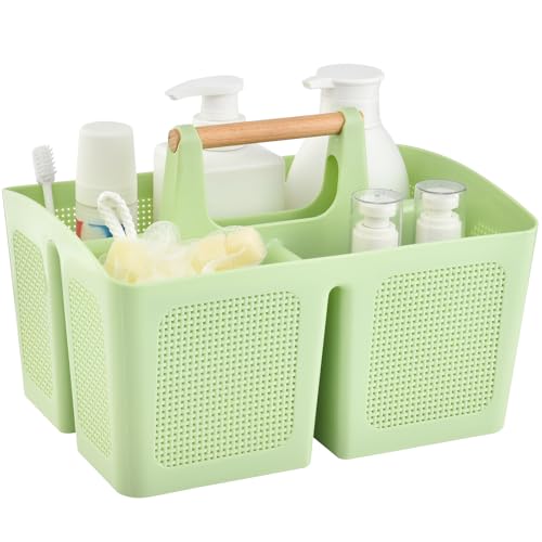 ALINK Portable Shower Caddy Basket with Compartments, Plastic Divided Cleaning Caddy Organizer Storage Tote with Handle for Bathroom, College, Dorm Room Essentials - Green
