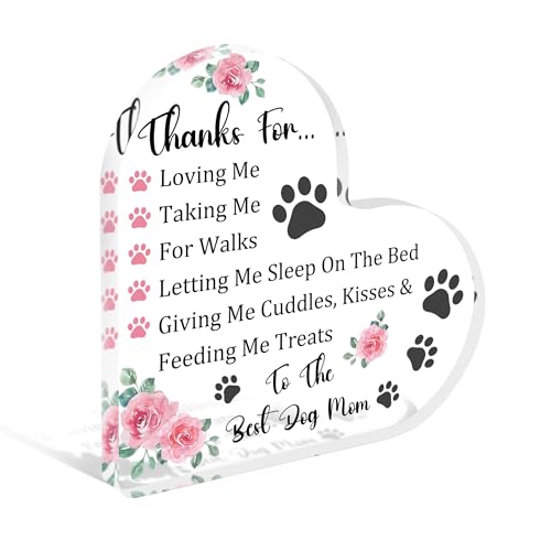 Tian Zhun Dog Paw Rose Best Dog Mom Thank You Dogs Mom Gifts for Women Dogs Lover Acrylic Heart Plaques Christmas Mother Day Appreciation Gifts