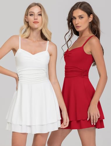 Image of IWD Women's Spaghetti Strap Mini Dress Ruched Corset Tiered Ruffle Hem Sexy Backless Party Club A Line Short Dresses