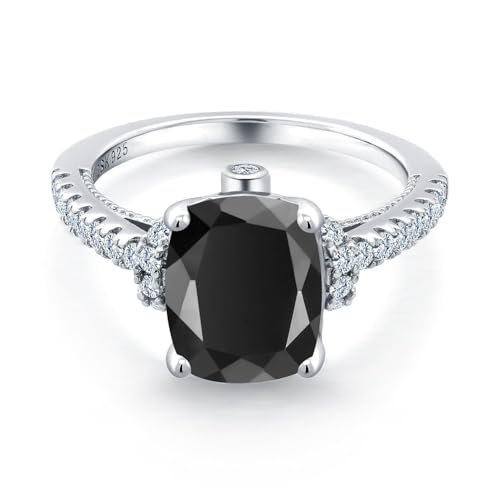 Gem Stone King 3.14 Cttw Black Onyx and White Created Sapphire Engagement Ring For Women | 925 Sterling Silver | 10X8MM Cushion Cut | Gemstone Birthstone | Wedding Anniversary Promise Ring| Size 6