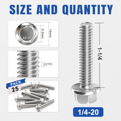 Image of Taiss 25PCS 1 /4-20 x 1-1 /4 Flanged Hex Head Bolts 304 Stainless Steel,Flange Hexagon Screws Fully Threaded 1 /4 Stainless Steel Bolts,1 /4 Bolt