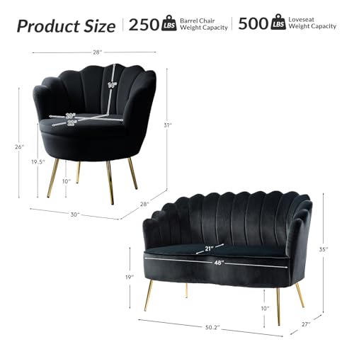 Image of HULALA HOME 3 Piece Velvet Living Room Furniture Set, Including Loveseat & 2 Sofa Chairs, Modern Comfy Upholstered 2-Seater Sofa & Accent Chair Set for Bedroom, Flower Shaped Back & Gold Legs, Black
