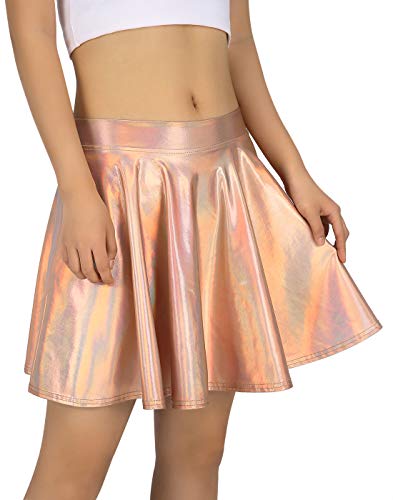 HDE Women s Shiny Liquid Metallic Holographic Pleated Flared Mini Skater Skirt (Rose Gold, Small)
