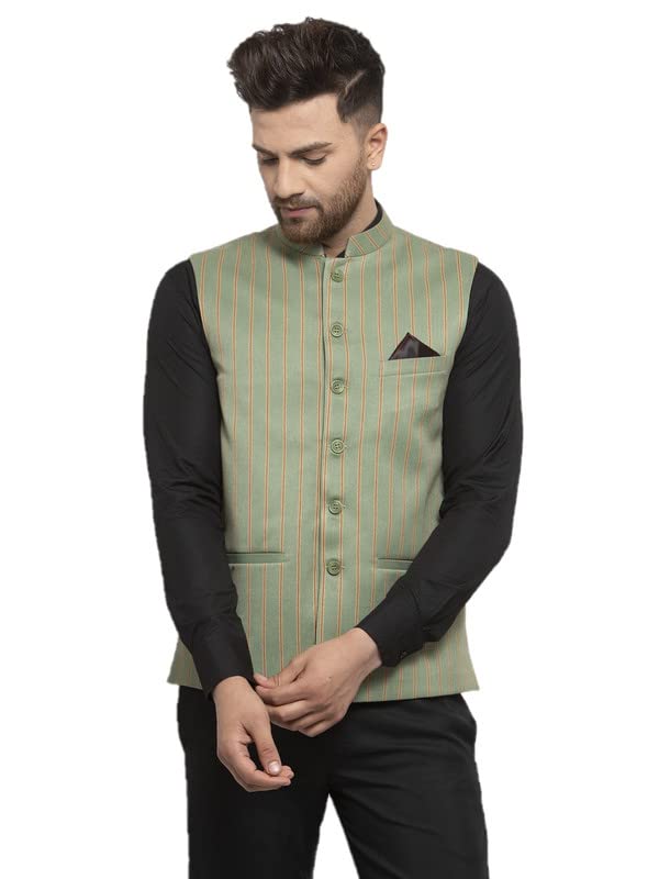 NEUDIS by Dhrohar Checkered Poly Wool Nehru Jacket / Waistcoat For Men - Lime Green - Size - 38