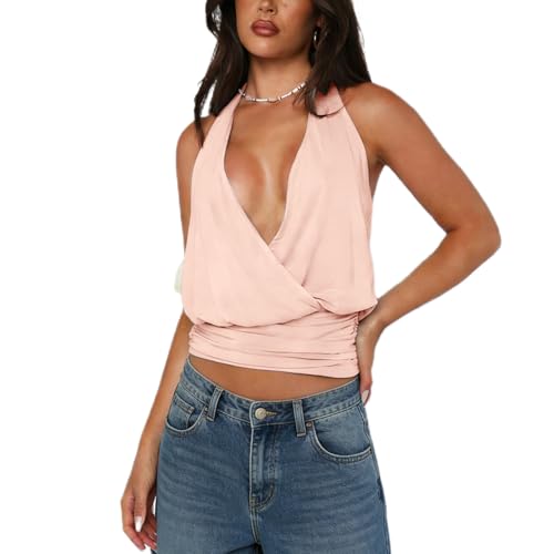 Women Y2K Plunge Halter Top Sexy V Neck Solid Color Cross Wrap Crop Tank Top Sleeveless Ruched Waist Backless Vest(Pink, S)