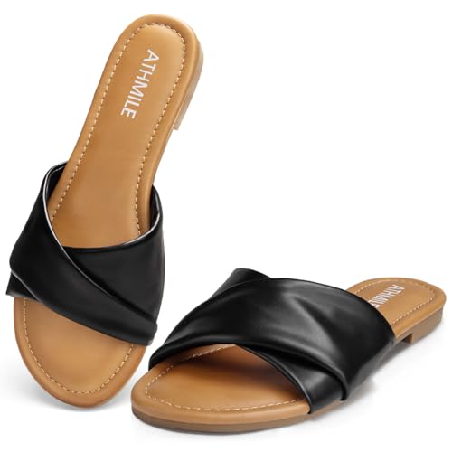 Image of ATHMILE Sandals for Women 2026 Dressy Summer Flat | Comfortable Fashion Beach Cute Ladies Slides Leather Casual Dress Women's Sandals Size 6-11