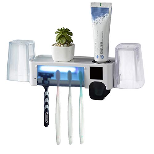 GOAUS Toothbrush Holder Wall Mounted with Sterilizer Function Toothpaste Dispenser,Toothbrush Sanitizer with Toothpaste Squeezer,Electric Toothbrush Organizer,Bathroom Set for Family Kids