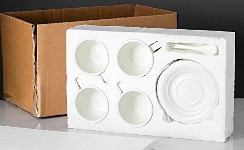 The XUFENG cappuccino cup set as packaged, showing the cups, saucers, and spoons securely nestled in protective foam within a cardboard box.