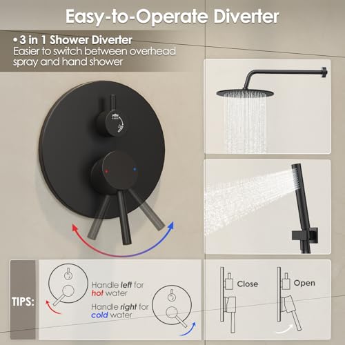 Image of Gabrylly Black Shower Faucet Set, Wall Mounted System with Shower Valve, High Pressure 10 inch Rain Shower head with Handheld Spray Combo, 2 Way Rainfall Shower Fixtures, Matte Black