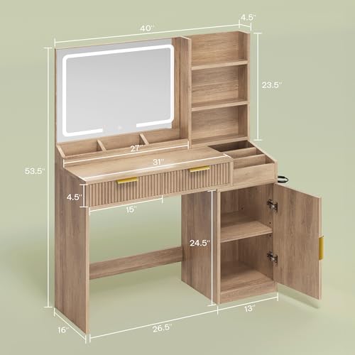 Image of DWVO Fluted Makeup Vanity Desk with Large Mirror and Lights, Makeup Table with Power Outlet, Shelves & 2 Drawers, 3 Color Lighting Modes