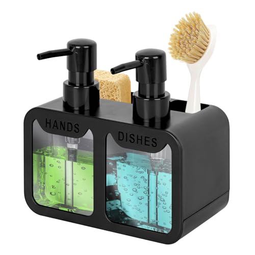 Dispenser di sapone da cucina, dispenser di sapone per mani e piatti e contenitore con portaspazzolino, organizer 3 in 1 per lavello da cucina (nero)