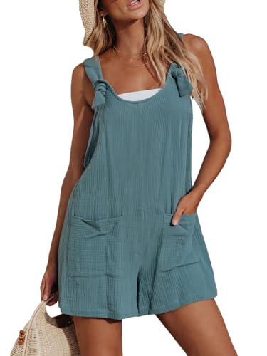 CUPSHE Damen Jumpsuit U-Ausschnitt Ärmellos Strampler Weites Bein Taschen Vorne Kurz Overall Sommer Strand Lose Hosenanzug Blau L
