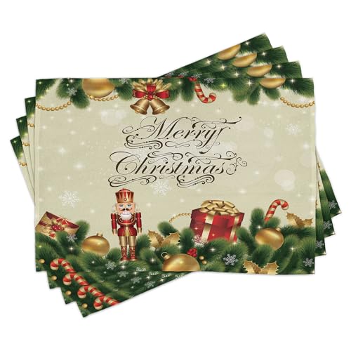 Ambesonne Christmas Place Mats Set of 8, Noel Season Ornaments with Birch Branch Ribbons Bells Candy Canes Art Image, Washable Fabric Placemats for Dining Table, Placemat 8 pcs, Soft Green