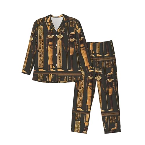 Ancient Egyptian Hieroglyph Mens Pajama Sets Long Sleeve Loungewear Button Down Pjs Sleepwear