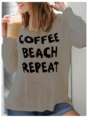 Image of Verdusa Women's Beach Cover Up Sweaters Letter Print Long Sleeve Crochet Crew Neck Knit Sweater Summer Tops