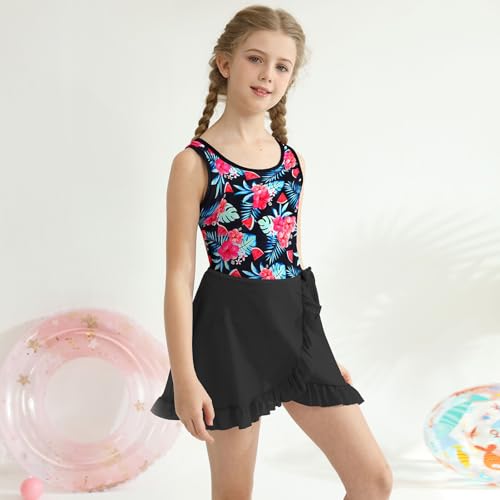ESHOO Girls Tankini Sets Rash Guard Bathing Set 3 Piece Bikini Swimsuit with Cover Up Beach Skirt Tween Swimwear 7-14Y3