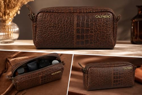 Image of Calfnero Genuine Leather Toiletry Bag for Men & Women | Premium Leather Travel-Pouch | Toiletry Organizer | Cosmetic & Shaving Kit Bag | Unisex Travel Dopp Kit (Cognac-Croco)