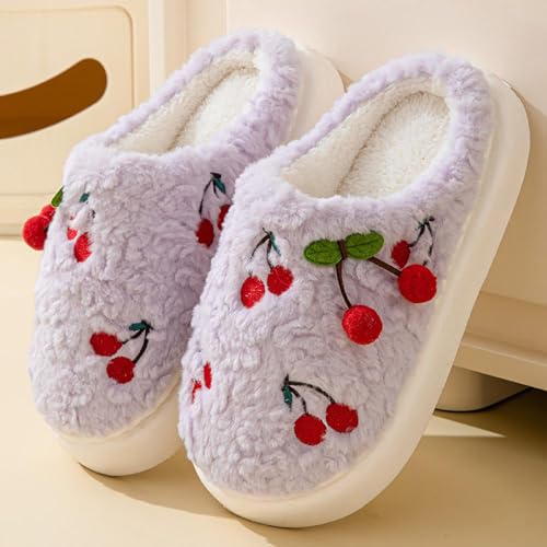 Gaolinci Cherry Cotton Slippers for Women, Wool-Like Winter Warm Slippers2
