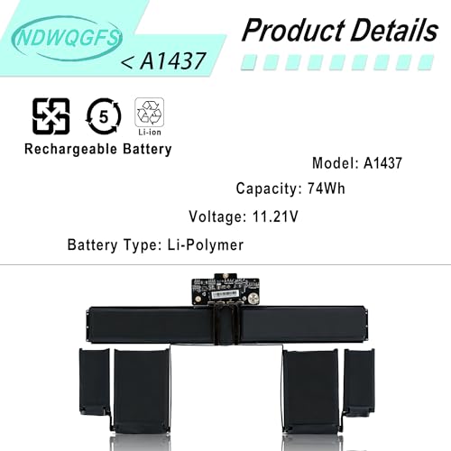 Image of A1437 A1425 Laptop Battery Compatible with MacBook Pro Retina 13 inch A1425 Late 2012 & Early 2013 74Wh 11.21V Fits Models MD101 MD102 MD212 MD213 ME662 EMC 2557 2672
