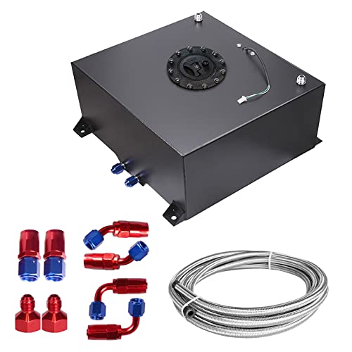Edicapo Tanque universal de 15 galones de 60 litros de aluminio pulido negro con tapa/emisor de nivel/línea de alimentación de aceite de 12 pies