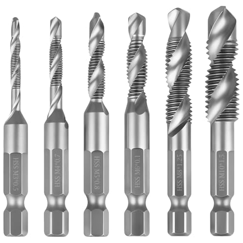 Coffret de 6 Forets et Tarauds Combinés, M3, M4, M5, M6, M8, M10, Avec Queue Hexagonale de 6 mm,Capable de Percer et de Tarauder, Outil Polyvalent, Avec Revêtement Argenté Antirouille
