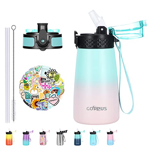 Goppus Kids Insulated Water Bottle 12 Oz Double Wall Vacuum Stainless Steel Kids Cup Leakproof Metal Water Bottles With Straw & Spout Lid Strap Handle 10Pcs Stickers For Toddler Girls Boys School #TOP6